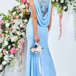 Дълга Вечерна Светлосиня Рокля Шифон Дантела