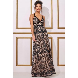 Блестяща Дълга Официална Рокля Черен и Телесен Цвят
