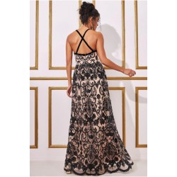 Блестяща Дълга Официална Рокля Черен и Телесен Цвят