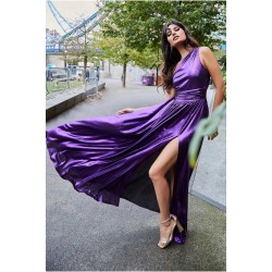 Блестяща Тъмнoлилава Официална Рокля Едно Рамо Цепка Металик