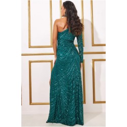 Дълга Асиметрична Официална Зелена Рокля Един Ръкав Пайети