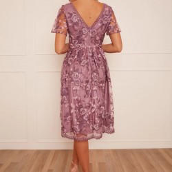 Елегантна Къса Вечерна Лилава Рокля Бродерия