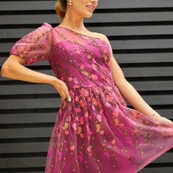 Елегантна Вечерна Рокля Цикламено Розово Бродерия