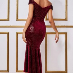 Елегантна Официална Рокля Кадифе и Пайети Бордо