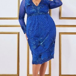 Блестяща Синя Рокля Макси Дами Средна Дължина Ръкави