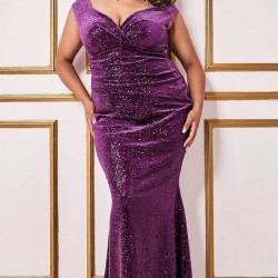 Дълга Бална Лилава Рокля Велур Пайети Макси Дами