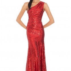 Елегантна Дълга Червена Блестяща Рокля Едно Рамо