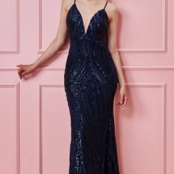 Дълга Елегантна Официална Изчистена Синя Рокля 