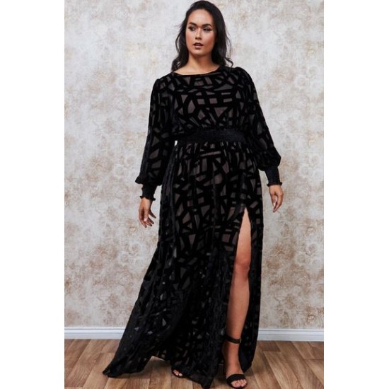 Дълга Елегантна Черна Рокля Велур Ръкави Цепка Макси Размери