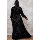 Дълга Елегантна Черна Рокля Велур Ръкави Цепка Макси Размери