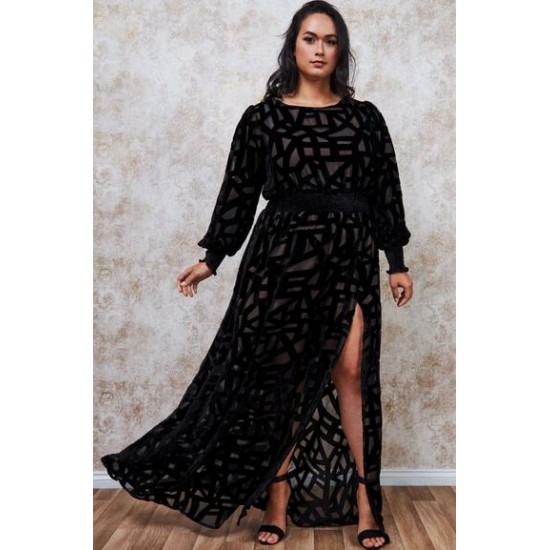 Дълга Елегантна Черна Рокля Велур Ръкави Цепка Макси Размери