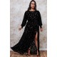 Дълга Елегантна Черна Рокля Велур Ръкави Цепка Макси Размери