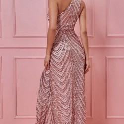 Дълга Официална Елегантна Блестяща Рокля Цвят Розово Злато