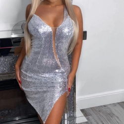 Блестяща Сребриста Официална Къса Рокля Асиметрична