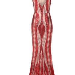 Бална Дълга Блестяща Червена Рокля Пайети Бална Дълга Блестяща Червена Рокля Пайети