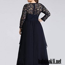 Дълга Вечерна Синя Рокля Дантела Ръкави Макси Дами