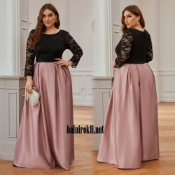 Дълга Официална Рокля Черна Дантела Розова Пола Сатен Макси Размери Дълга Официална Рокля Черна Дантела Розова Пола Сатен Макси Размери