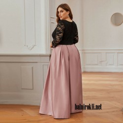 Дълга Официална Рокля Черна Дантела Розова Пола Сатен Макси Размери Дълга Официална Рокля Черна Дантела Розова Пола Сатен Макси Размери