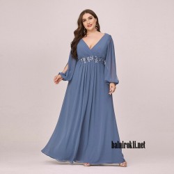 Дълга Официална Синя Рокля Шифон Ръкави Макси Дами Дълга Официална Синя Рокля Шифон Ръкави Макси Дами