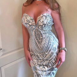 Блестяща Къса Официална Сребриста Рокля Бюстие