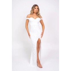 Дълга Блестяща Бяла Рокля Деколте Дълга Блестяща Бяла Рокля Деколте