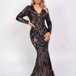 Блестяща Бална Черна Дълга Рокля Лукс Ръкави