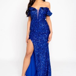 Дълга Блестяща Синя Рокля Цепка Деколте Дълга Блестяща Синя Рокля Цепка Деколте