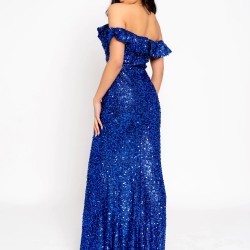 Дълга Блестяща Синя Рокля Цепка Деколте Дълга Блестяща Синя Рокля Цепка Деколте