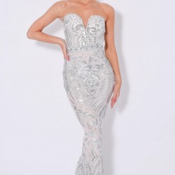 Бална Блестяща Луксозна Сребриста Рокля Бюстие