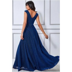 Блестяща Дълга Тъмносиня Рокля Цепка Блестяща Дълга Тъмносиня Рокля Цепка