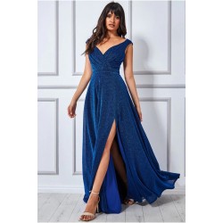 Блестяща Дълга Тъмносиня Рокля Цепка Блестяща Дълга Тъмносиня Рокля Цепка