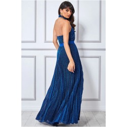 Блестяща Дълга Тъмносиня Рокля Плисе Гол Гръб Блестяща Дълга Тъмносиня Рокля Плисе Гол Гръб