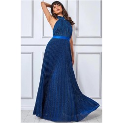 Блестяща Дълга Тъмносиня Рокля Плисе Гол Гръб Блестяща Дълга Тъмносиня Рокля Плисе Гол Гръб