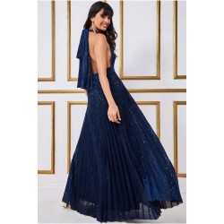Блестяща Дълга Тъмносиня  Рокля Плисе Гол Гръб  Блестяща Дълга Тъмносиня  Рокля Плисе Гол Гръб