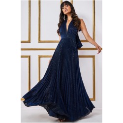 Блестяща Дълга Тъмносиня  Рокля Плисе Гол Гръб  Блестяща Дълга Тъмносиня  Рокля Плисе Гол Гръб