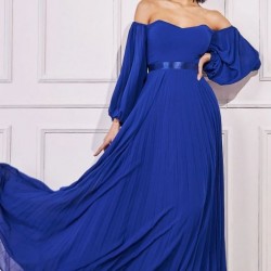 Елегантна Дълга Синя Рокля Шифон Ръкави Плисе