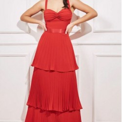 Абитуриентска Дълга Оранжева Рокля Шифон Плисе Волани