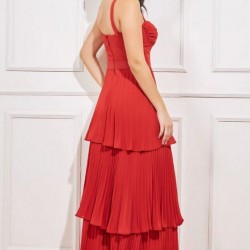 Абитуриентска Дълга Оранжева Рокля Шифон Плисе Волани Абитуриентска Дълга Оранжева Рокля Шифон Плисе Волани