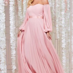 Елегантна Дълга Светлорозова Рокля Шифон Ръкави Плисе