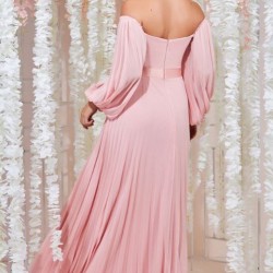 Елегантна Дълга Светлорозова Рокля Шифон Ръкави Плисе