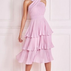 Елегантна Светлорозова Миди Рокля Шифон Плисе