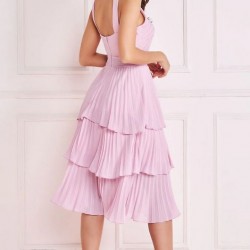 Елегантна Светлорозова Миди Рокля Шифон Плисе