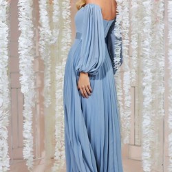 Елегантна Дълга Светлосиня Рокля Шифон Ръкави Плисе