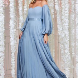 Елегантна Дълга Светлосиня Рокля Шифон Ръкави Плисе