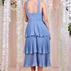 Елегантна Светлосиня Миди Рокля Шифон Плисе
