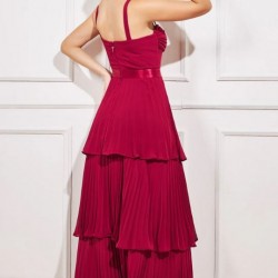 Абитуриентска Дълга Рокля Бордо Шифон Плисе Волани