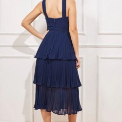 Елегантна Тъмносиня Миди Рокля Шифон Плисе