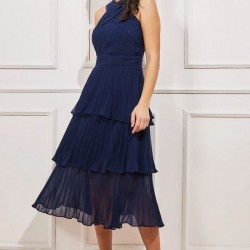 Елегантна Тъмносиня Миди Рокля Шифон Плисе