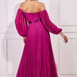 Елегантна Дълга Цикламено Розова Рокля Шифон Ръкави Плисе