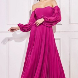 Елегантна Дълга Цикламено Розова Рокля Шифон Ръкави Плисе
